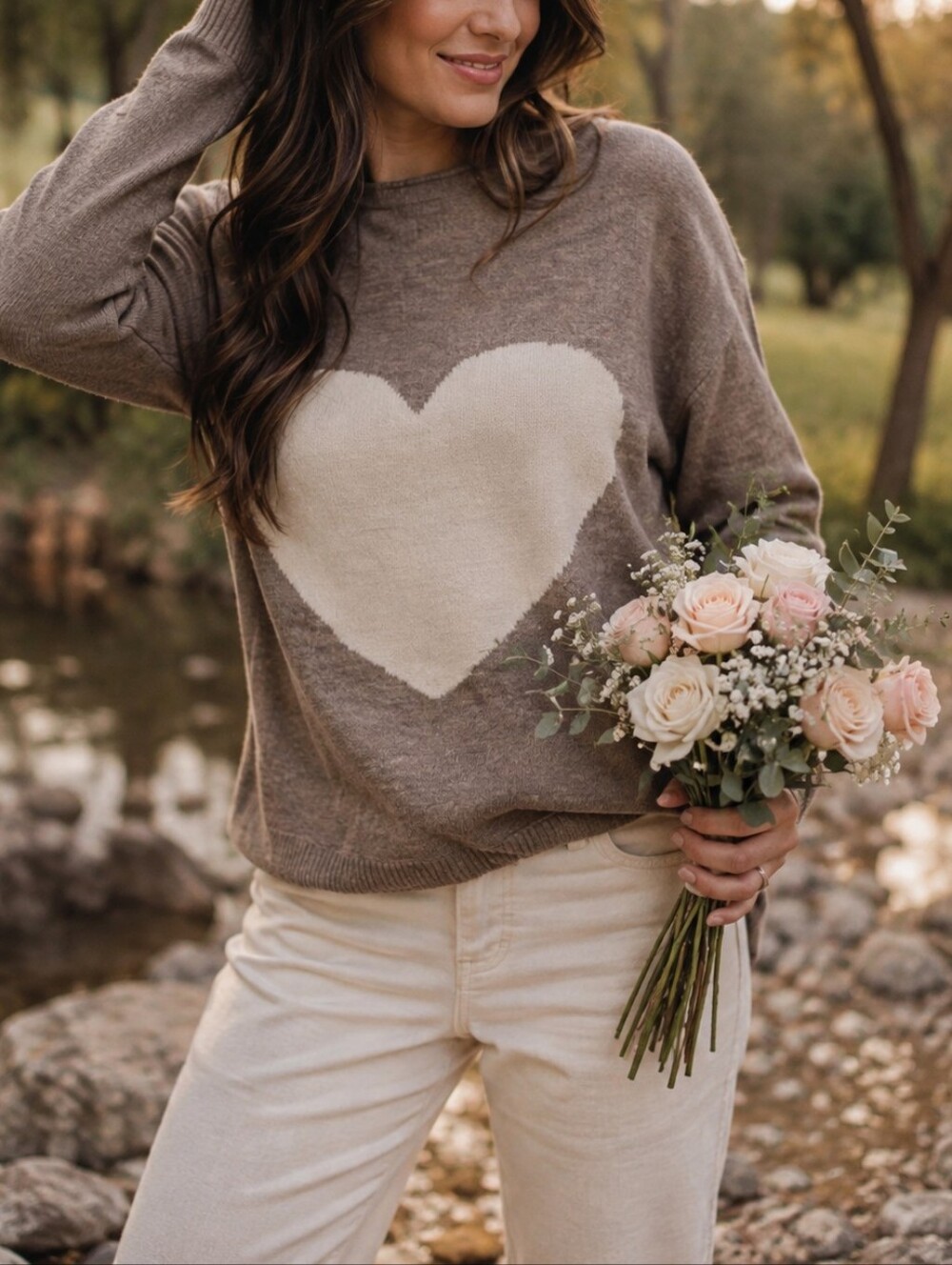 Easel Taupe Cream Heart Crewneck Knit Sweater Cozy Romantic Cottagecore Casual